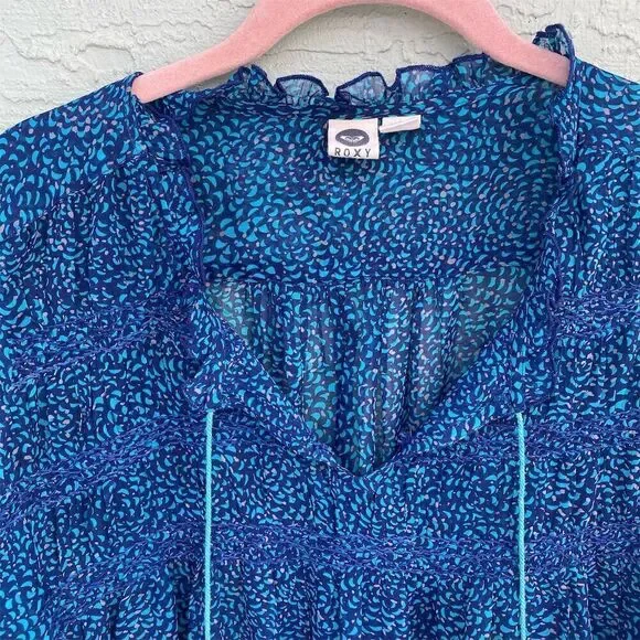 Roxy Women's Long Sleeve Chiffon Peasant Top Royal Blue Size L Bohemian Casual - Picture 7 of 12